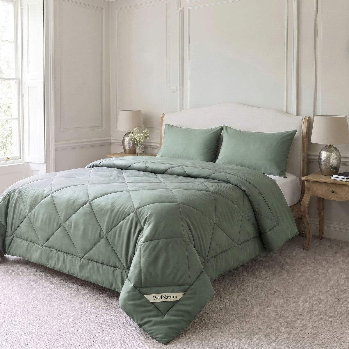 Sage Green WellNatura coverless duvet on a made double bed with two matching pillowcases #Colour_Sage Green
