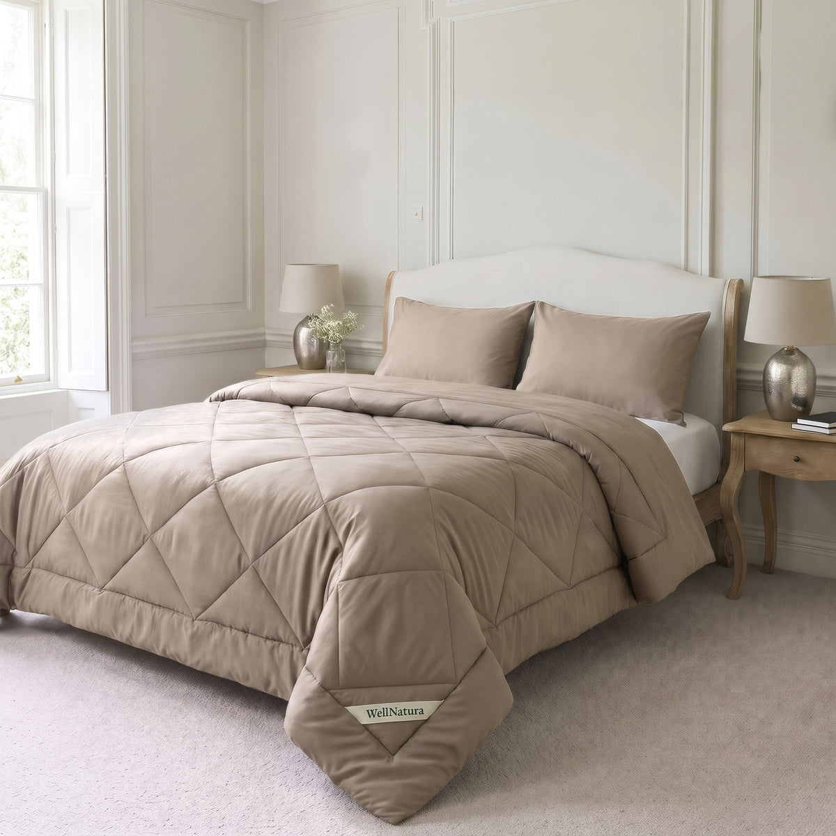 Sand Beige WellNatura coverless duvet on a made double bed with two matching pillowcases #Colour_Sand Beige