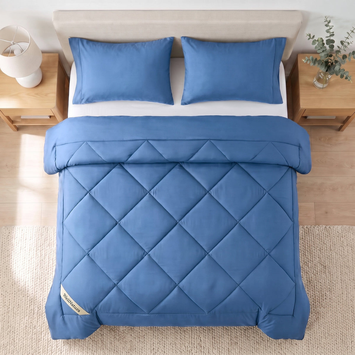 Coastal Blue WellNatura coverless duvet seen from above, big diamond quilting and a stitched border line #Colour_Coastal Blue