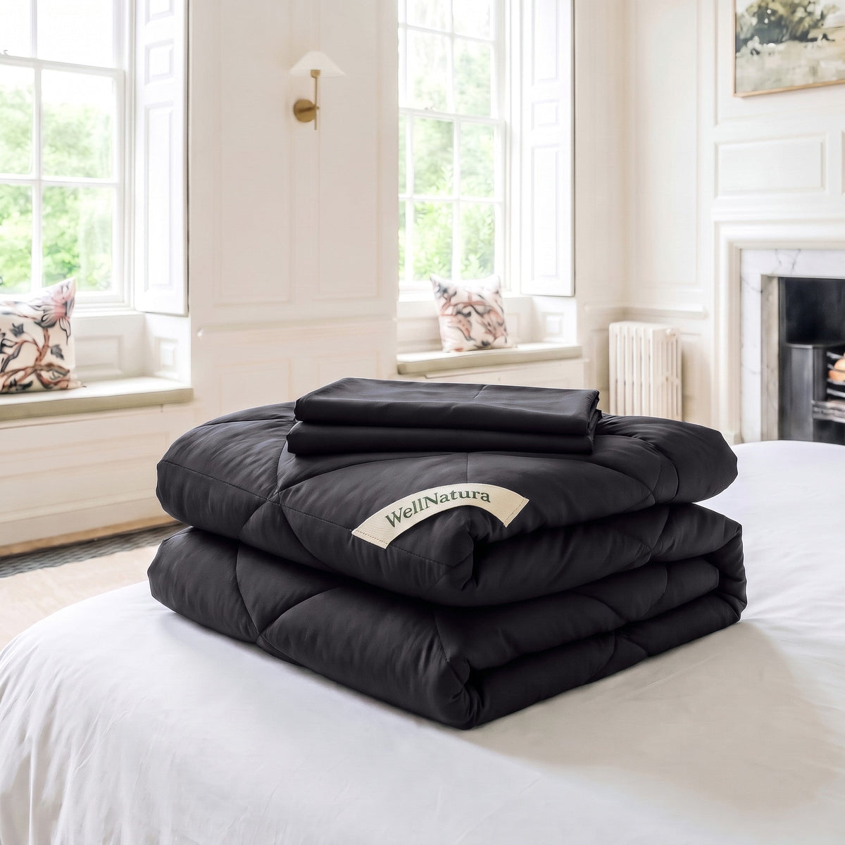 Black WellNatura coverless duvet folded, with its two free matching pillowcases on top #Colour_Black