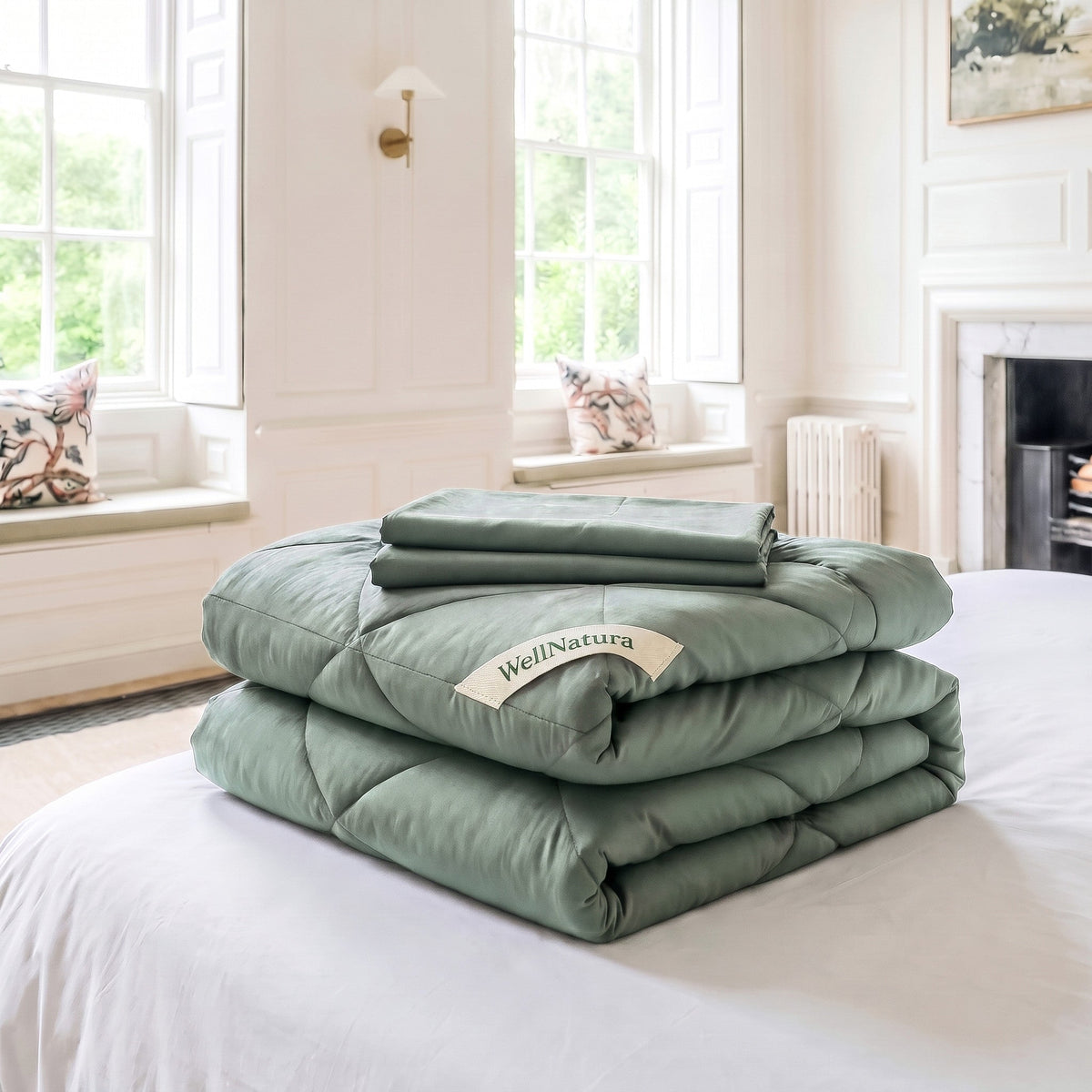 Sage Green WellNatura coverless duvet folded, with its two free matching pillowcases on top #Colour_Sage Green