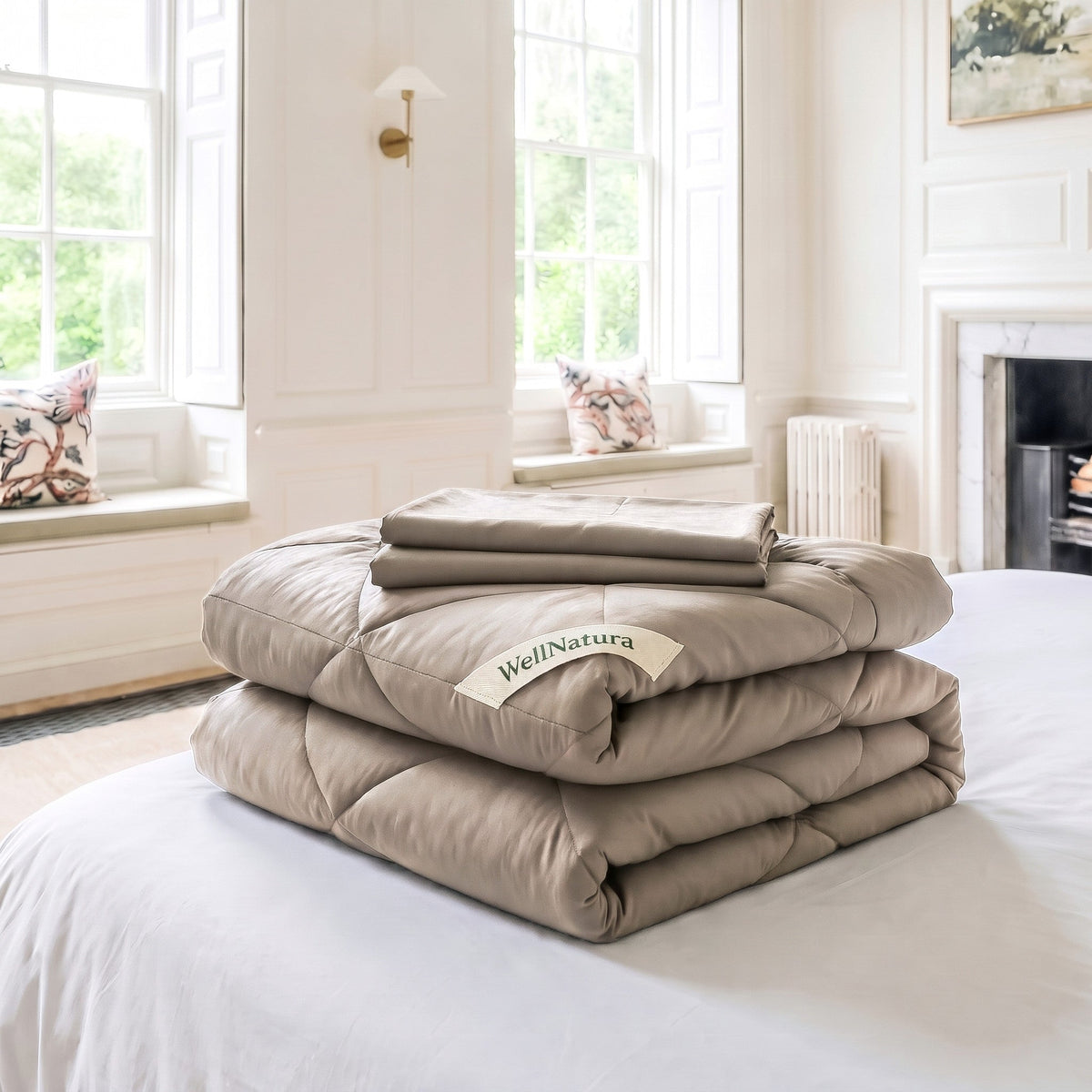 Sand Beige WellNatura coverless duvet folded, with its two free matching pillowcases on top #Colour_Sand Beige