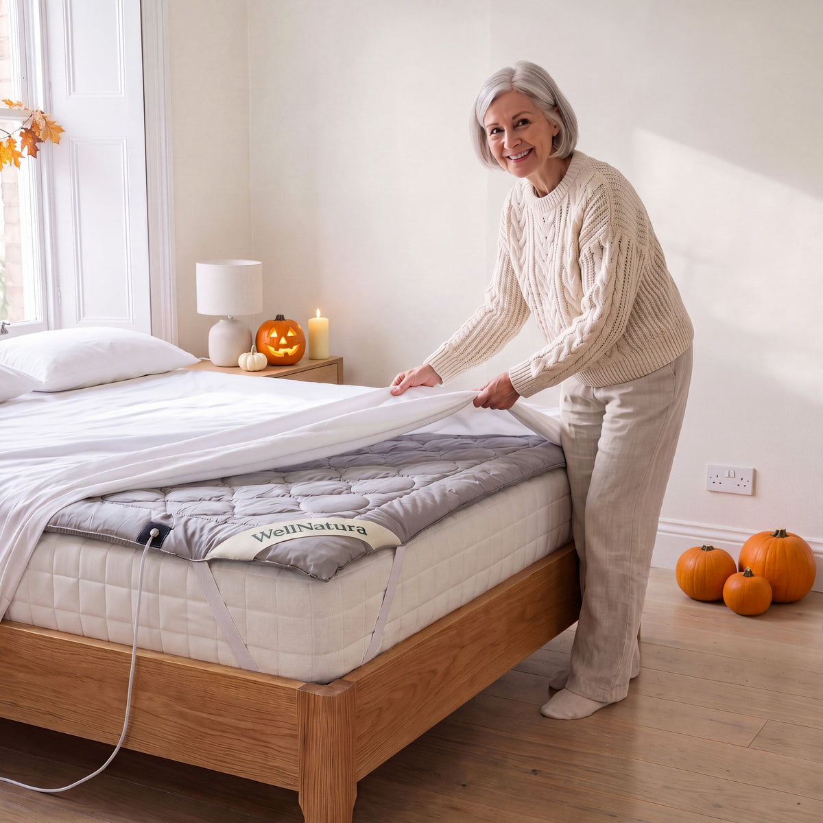 Woman putting her fitted sheet over the WellNatura grounding topper, bedroom styled for Halloween with pumpkins and candles