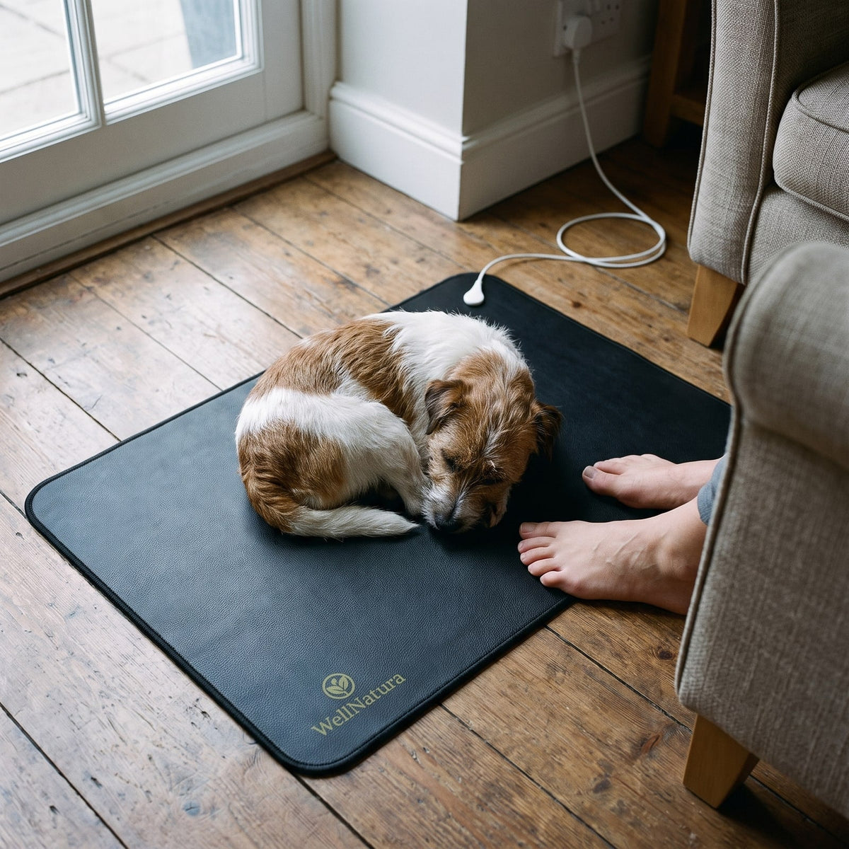 Small dog asleep on the WellNatura grounding mat beside its owner