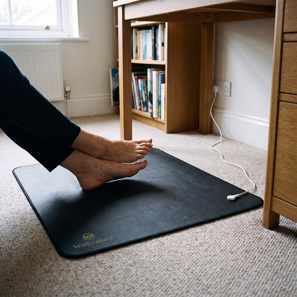 Bare feet resting on the WellNatura grounding mat under a home office desk