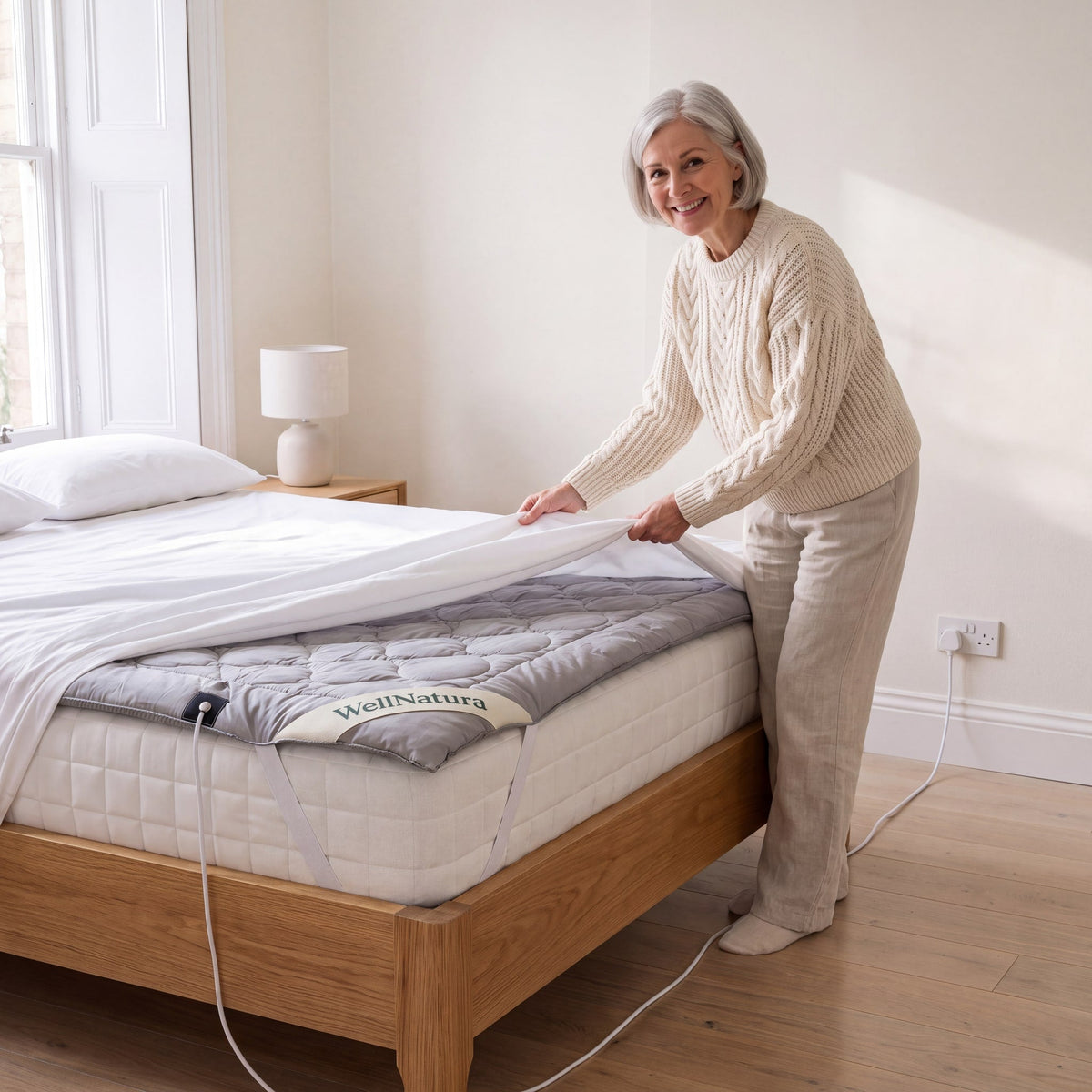 Woman beside her bed pulling a white fitted sheet over the WellNatura grounding topper, cable plugged into a UK socket