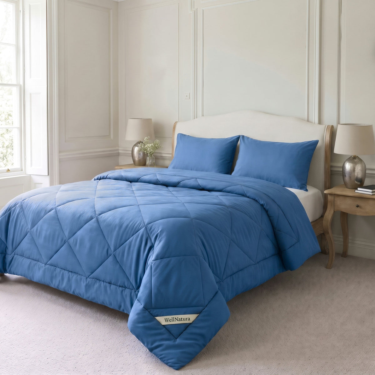 Coastal Blue WellNatura coverless duvet on a made double bed with two matching pillowcases #Colour_Coastal Blue