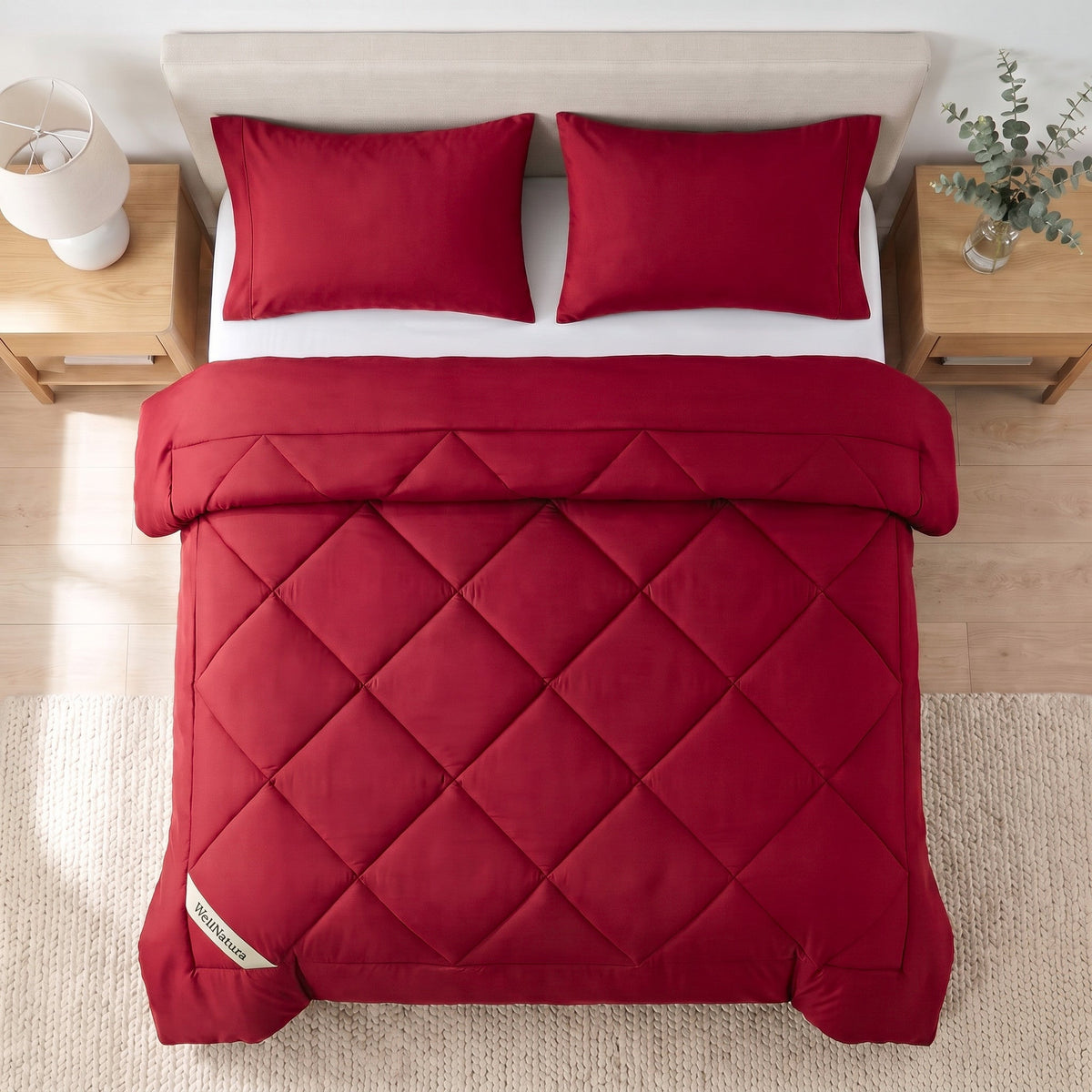 Brick Red WellNatura coverless duvet seen from above, big diamond quilting and a stitched border line #Colour_Brick Red