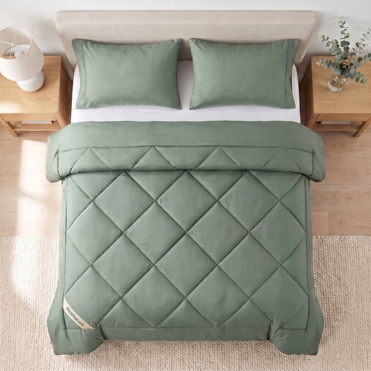 Sage Green WellNatura coverless duvet seen from above, big diamond quilting and a stitched border line #Colour_Sage Green