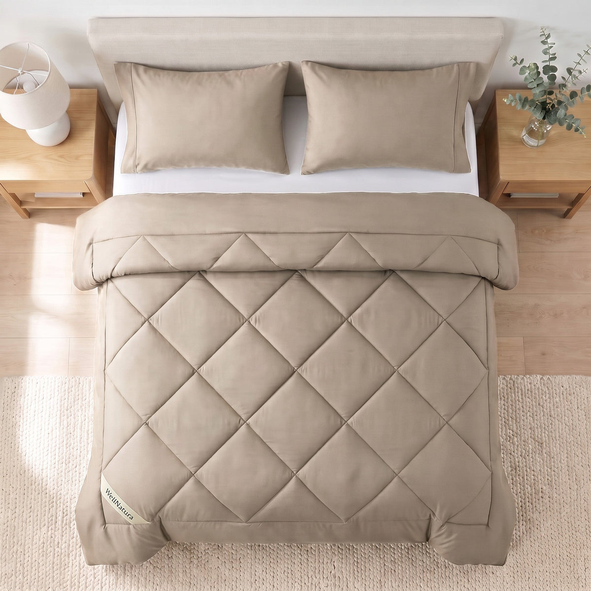 Sand Beige WellNatura coverless duvet seen from above, big diamond quilting and a stitched border line #Colour_Sand Beige