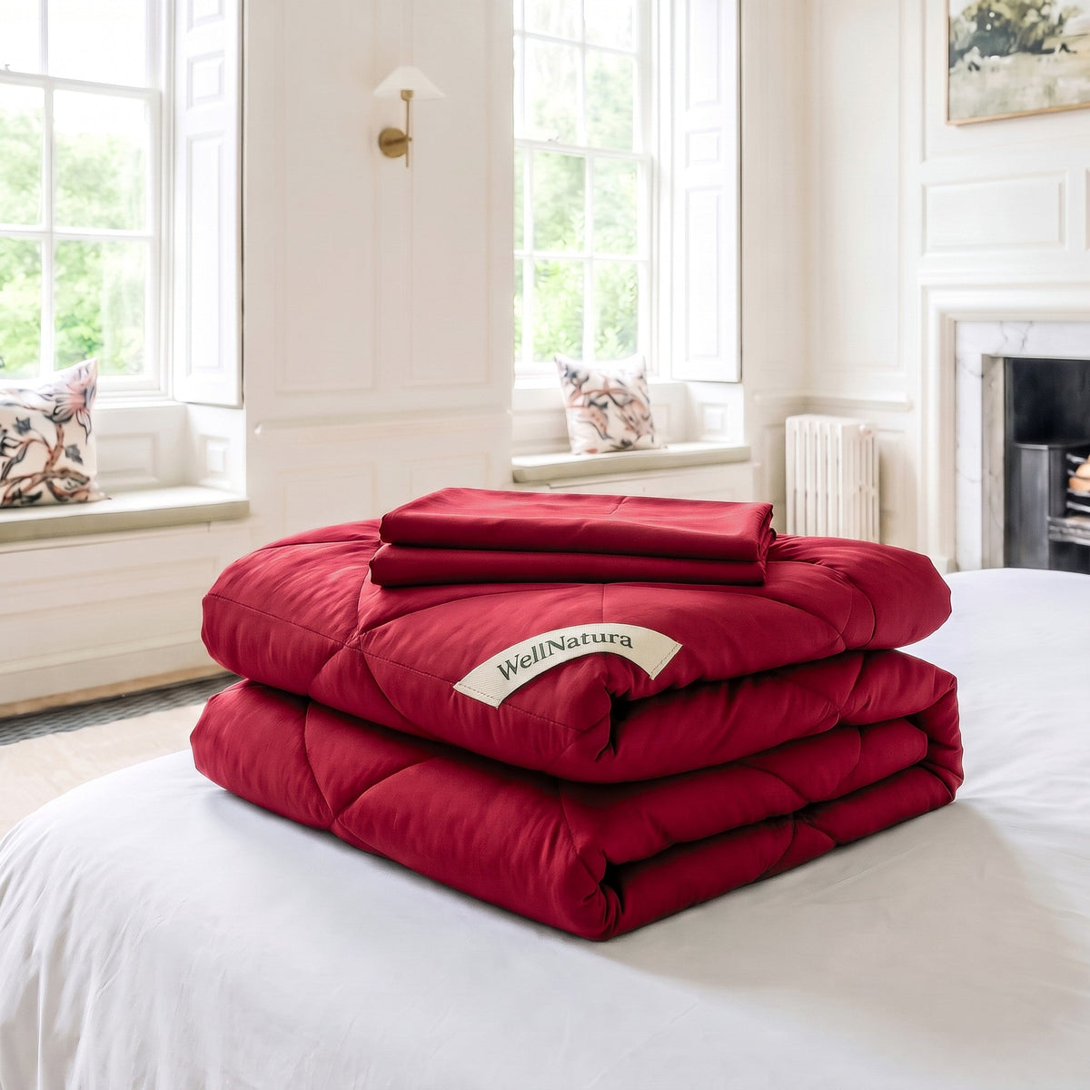 Brick Red WellNatura coverless duvet folded, with its two free matching pillowcases on top #Colour_Brick Red