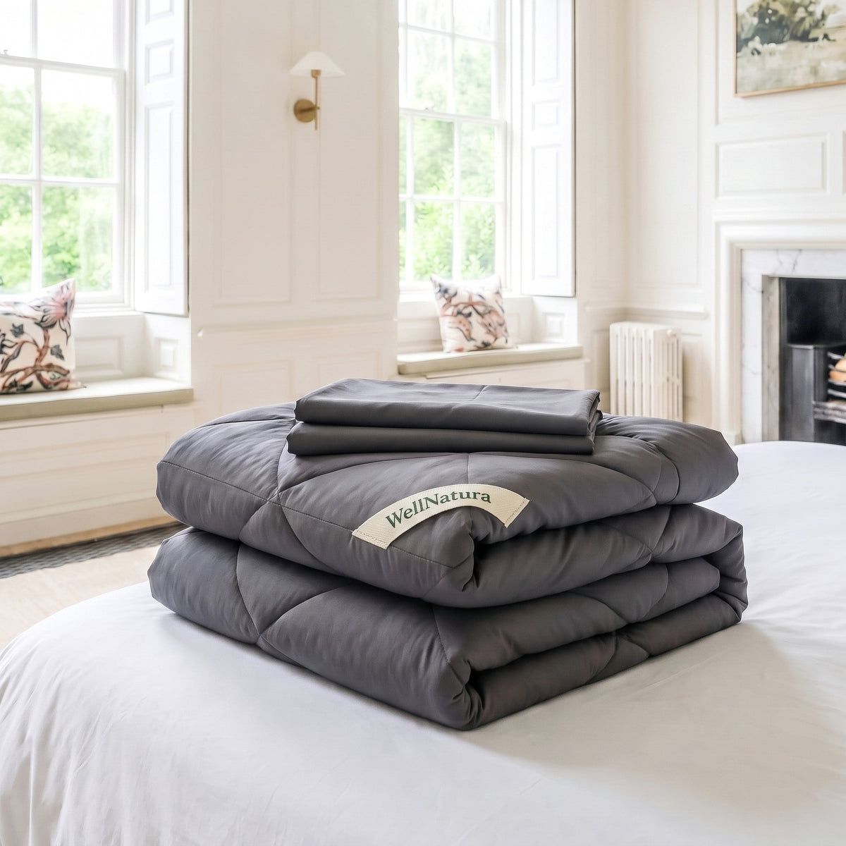 Charcoal WellNatura coverless duvet folded, with its two free matching pillowcases on top #Colour_Charcoal