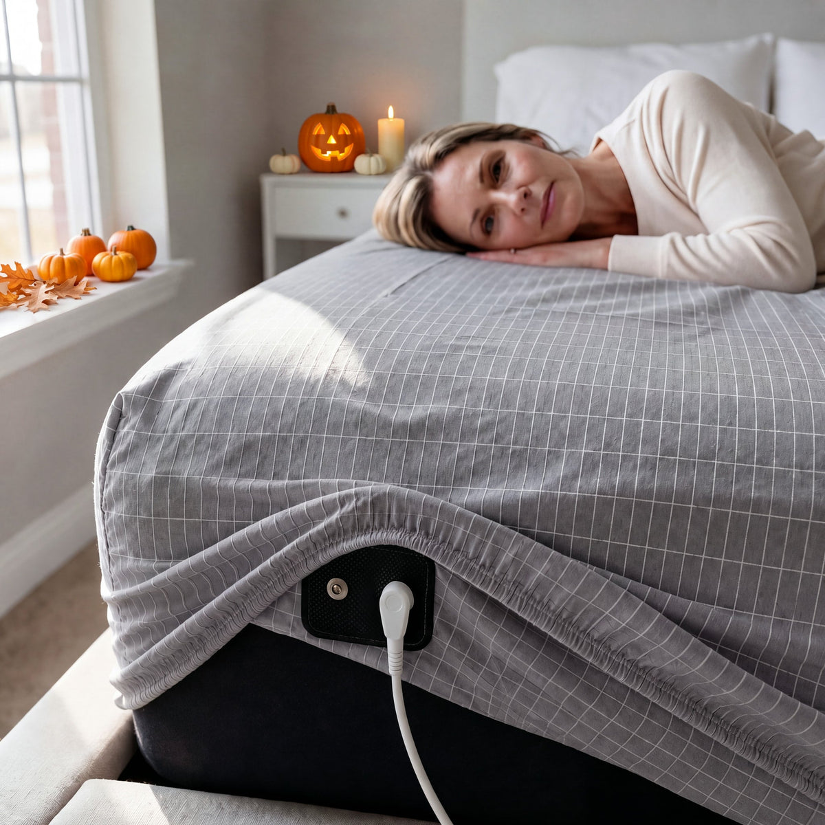 WellNatura grounding sheet in grey with the connector at the corner, bedroom styled for Halloween with a glowing jack-o-lantern and pumpkins