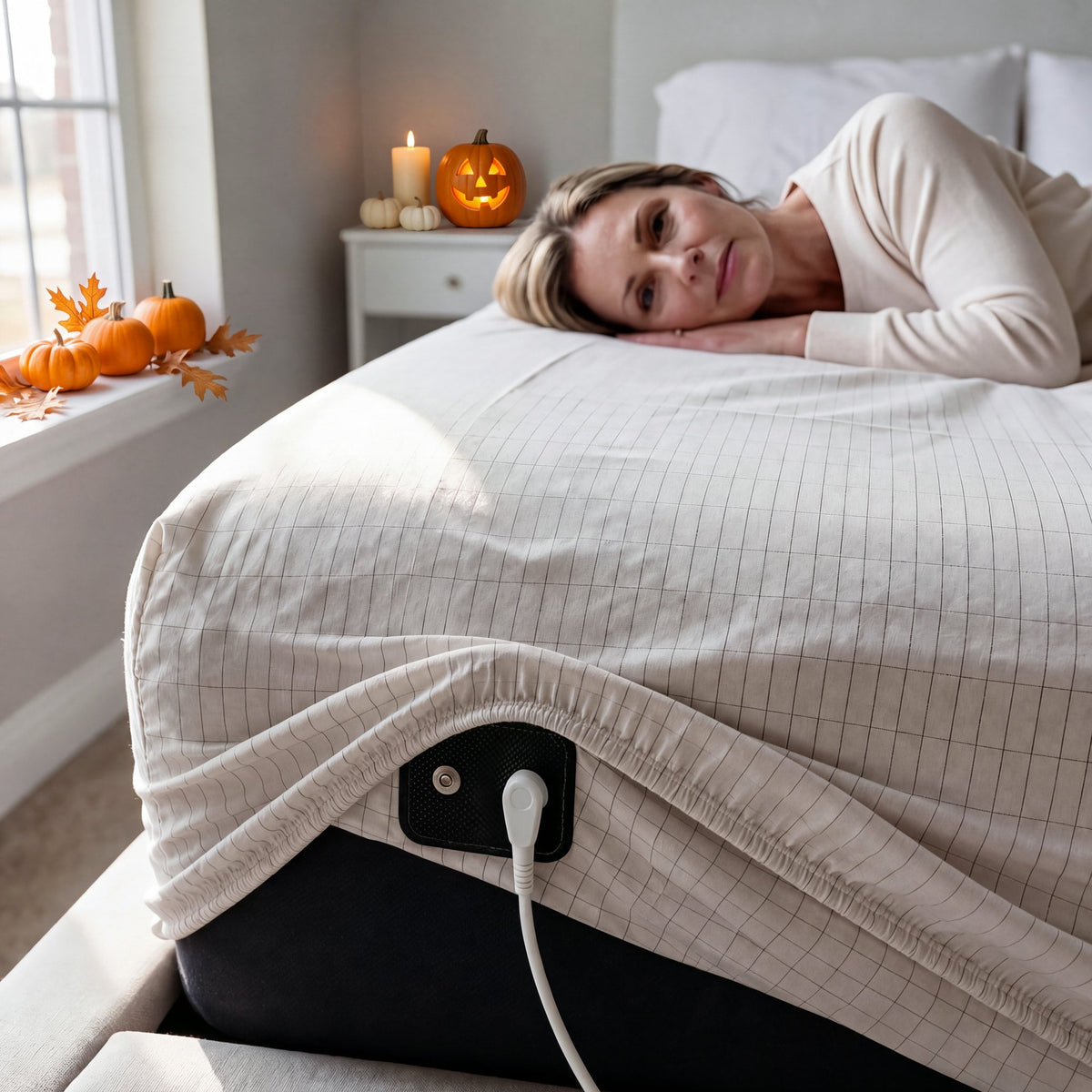 WellNatura grounding sheet in white with the connector at the corner, bedroom styled for Halloween with a glowing jack-o-lantern and pumpkins