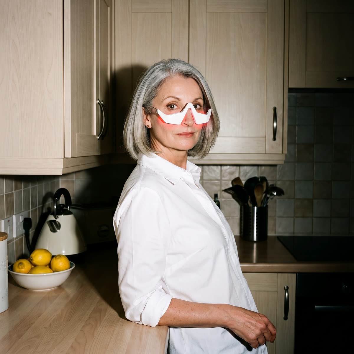 Woman wearing Rejuva Eyes at home