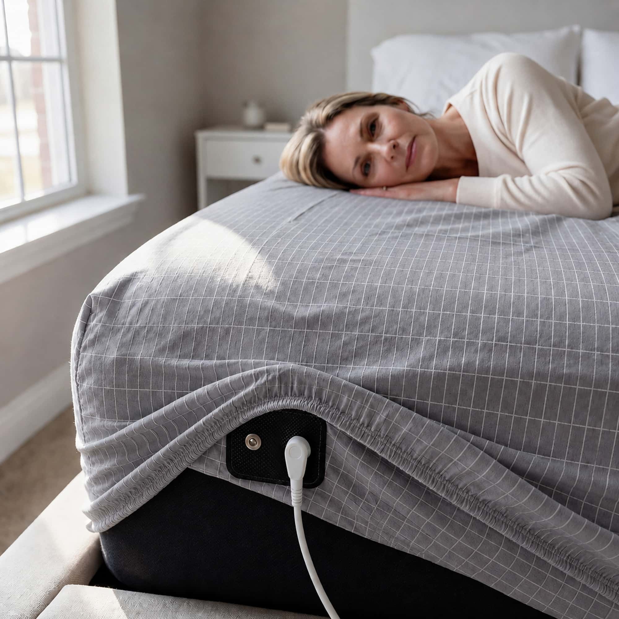 WellNatura grounding sheet, grey, corner with connector inside the fitted hem