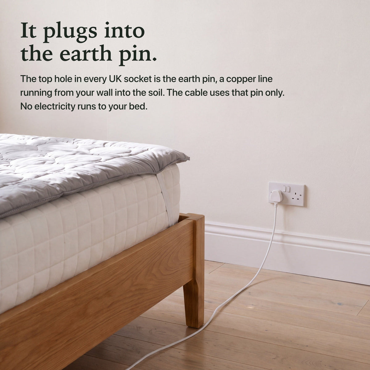 The cable plugs into the earth pin of a UK wall socket